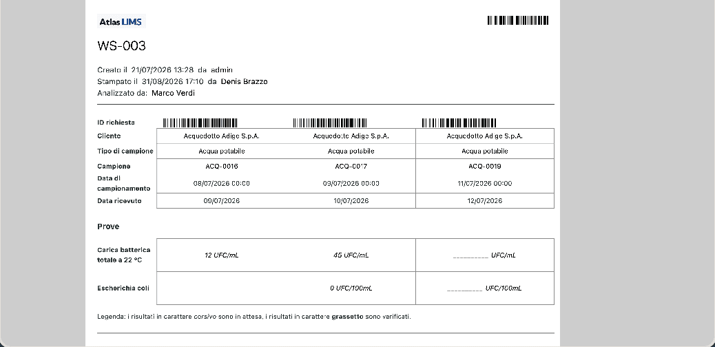 Versione da banco del foglio di lavoro di ATLAS LIMS, con codice a barre e spazio per la firma