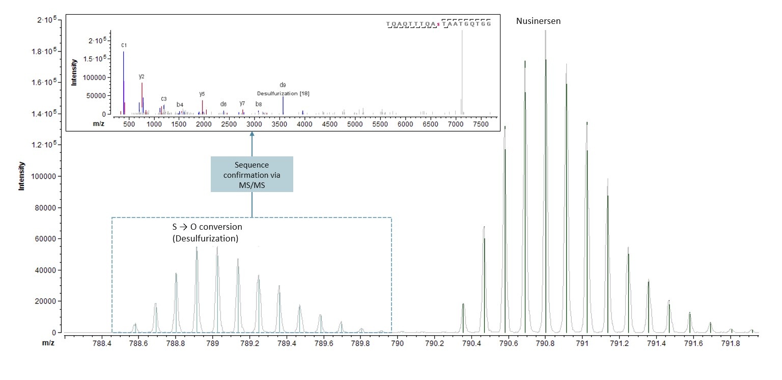Mass spectrum of the oligonucleotide nusinersen with the isotopic profile and, in the inset, the sequence confirmation by MS/MS
